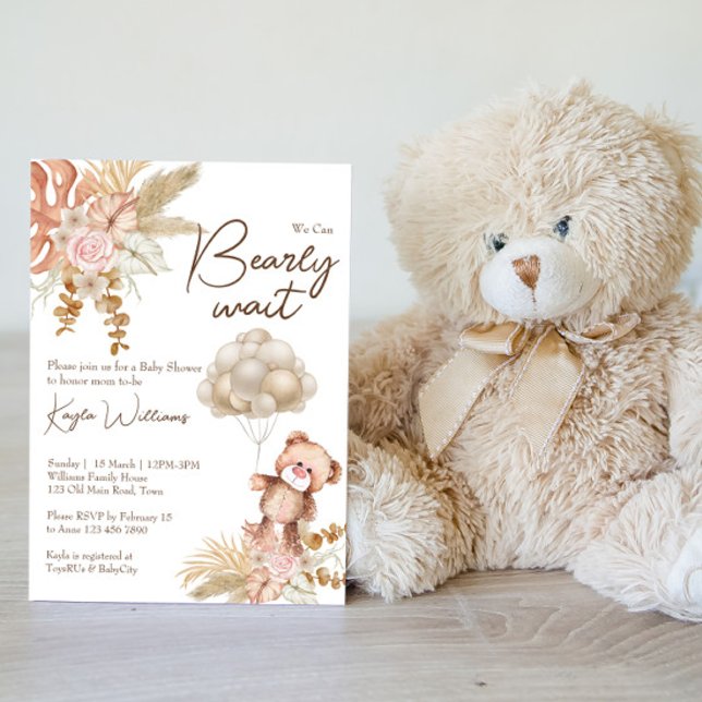 Pastellcreme, getrocknete Blume Boho Teddy Bär Einladung (Von Creator hochgeladen)