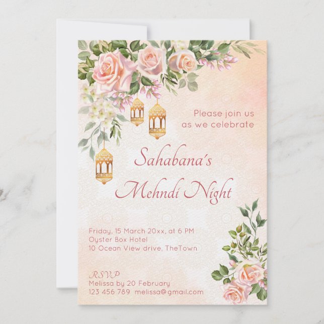 Pastellcreme Rosen mit marokkanischen Laternen Einladung (Vorderseite)