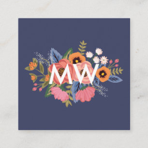 Pastelle & Dark Blue Boho Floral Bouquet Monogram Quadratische Visitenkarte