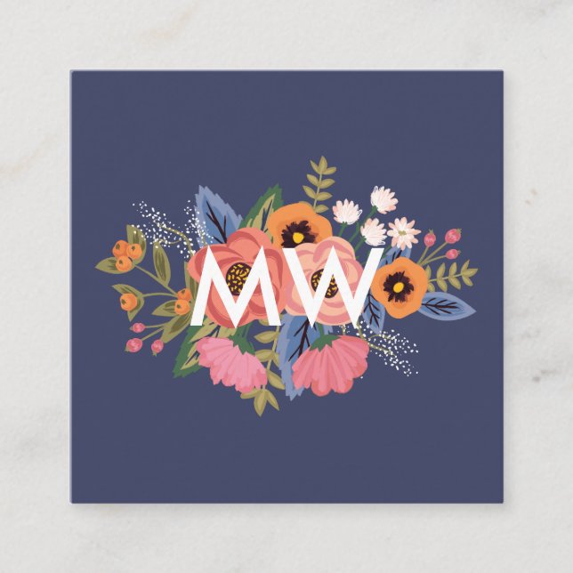 Pastelle & Dark Blue Boho Floral Bouquet Monogram Quadratische Visitenkarte (Vorderseite)