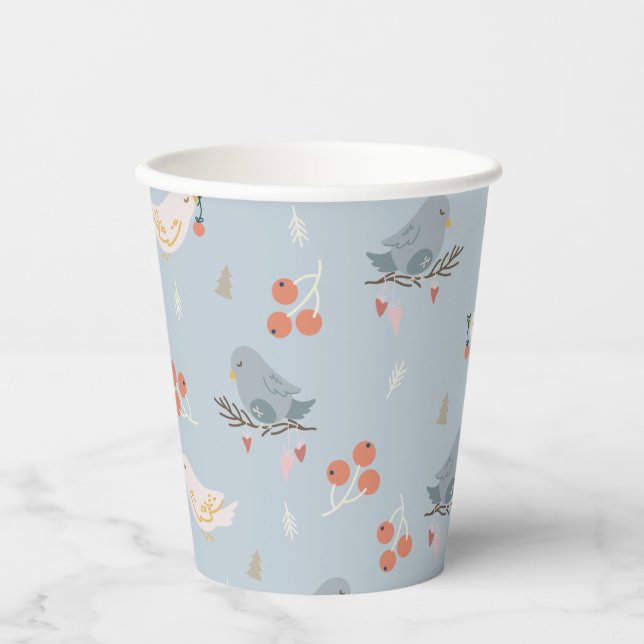 Pastelle Weihnachtsvögel Nahtloses Muster Pappbecher (Vorderseite)