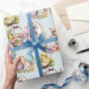Pastelleier, Bunny, Chick Floral Blue Geschenkpapier