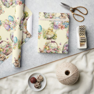 Pastelleier, Bunny, Chick Floral Gelb Geschenkpapier
