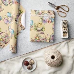 Pastelleier, Bunny, Chick Floral Orange Geschenkpapier