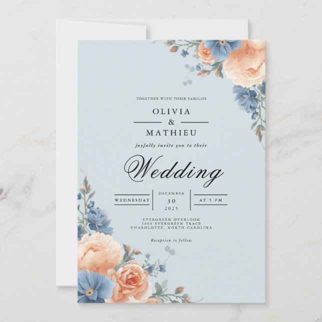 Pastellene Blumeneinrahmung für eine Hochzeit in d Einladung (Vorderseite)