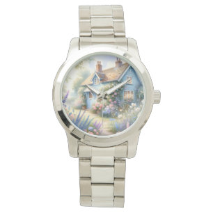 Pastellene Cottage-Garten-Blumenhaus-Szene Armbanduhr