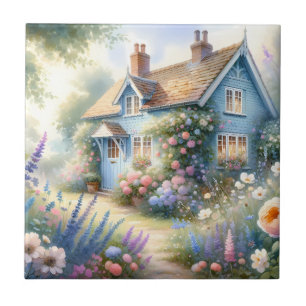 Pastellene Cottage-Garten-Blumenhaus-Szene Fliese