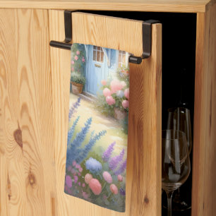 Pastellene Cottage-Garten-Blumenhaus-Szene Geschirrtuch