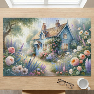 Pastellene Cottage-Garten-Blumenhaus-Szene Puzzle