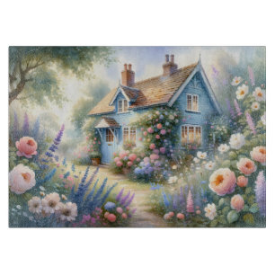 Pastellene Cottage-Garten-Blumenhaus-Szene Schneidebrett