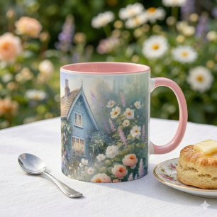 Pastellene Cottage-Garten-Blumenhaus-Szene Tasse