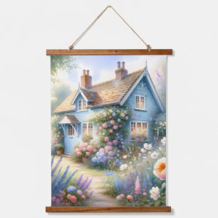 Pastellene Cottage-Garten-Blumenhaus-Szene Wandteppich Mit Holzrahmen