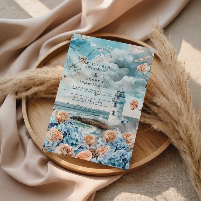 Pastellene Küsten-Leuchtturm-Ozean-Hochzeit Einladung (Von Creator hochgeladen)