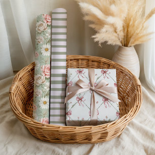Pastellene rosa Rosen Blumen Streifen Elegante Hoc Geschenkpapier Set