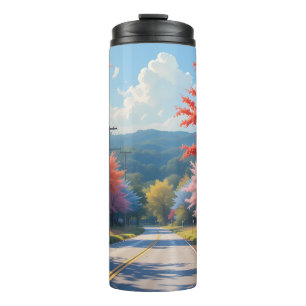 Pastellene Wasserfarbenlandschaft einer ländlichen Thermosbecher