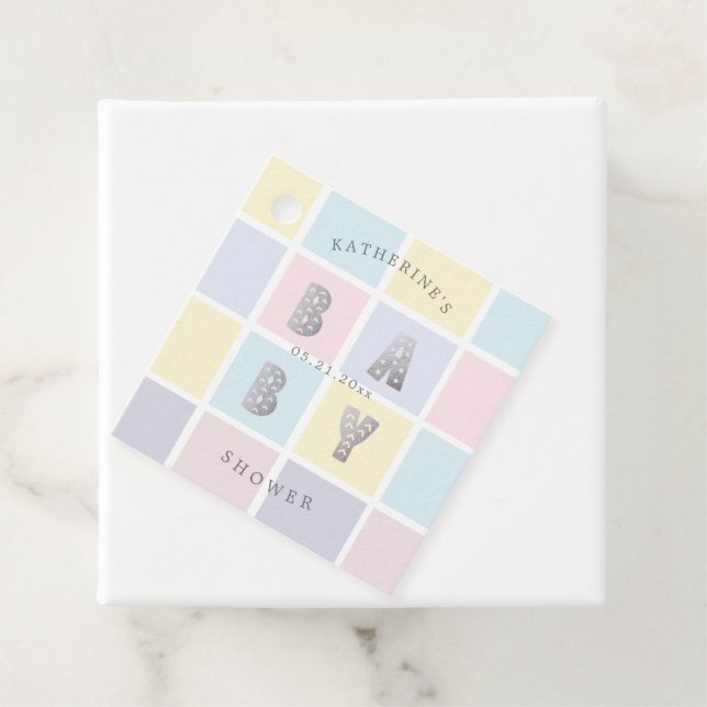Pastellfarbblock Gold Babydusche Gefälligkeitsmark Geschenkanhänger (Beispiel)