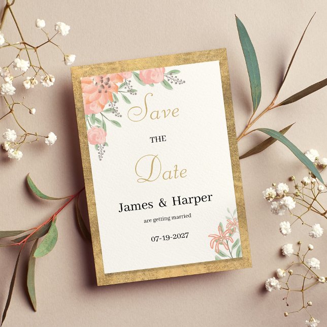 Pastellfarben, goldfarbenes Aquarell Save the Date Einladung (Pastel colors gold watercolor floral Save the Date)