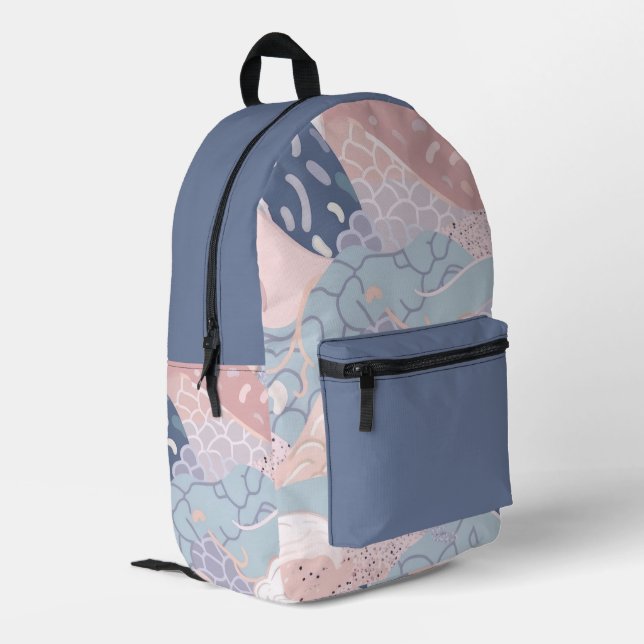 Pastellfarben Lila rosa blaues, wellenförmiges Mus Bedruckter Rucksack (Rückseitige Ecke links)