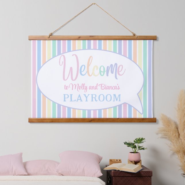 Pastellfarben Regenbogen gestreift Kinderspielplat Wandteppich Mit Holzrahmen (Schlafzimmer)