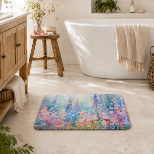 Pastellfarbene Aquarell-Wildblumenwiese Badematte
