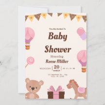 Pastellfarbene Babyparty-Einladung – Ballons, Bär