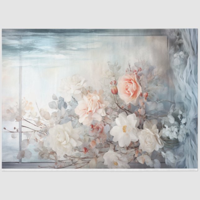 Pastellfarbene, blaue Pfirsichfarben Weiße Blume Seidenpapier (Vorderseite)