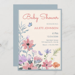 Pastellfarbene Blume Schmetterling Babydusche Einladung