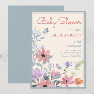 Pastellfarbene Blume Schmetterling Babydusche Einladung