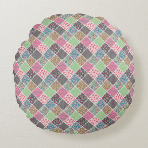 Pastellfarbene Blumen- Quilt Quadrate Rundes Kissen