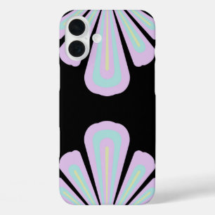 Pastellfarbene Blumengestalten auf schwarzem Hinte iPhone 16 Plus Hülle