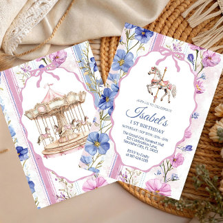 Pastellfarbene Blumenkarussell-Aquarell-Mädchen-Ge Einladung