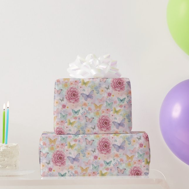Pastellfarbene Blumenschmetterlinge / Sanfter Gart Geschenkpapier (Partygeschenke)