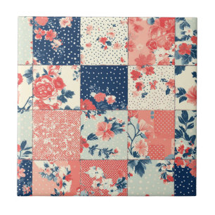 Pastellfarbene Cottage-Blumenquilt in Indigo und P Fliese