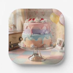 Pastellfarbene Glas-Geburtstagstorte mit Kirschen Pappteller