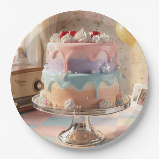 Pastellfarbene Glas-Geburtstagstorte mit Kirschen Pappteller (Vorderseite)