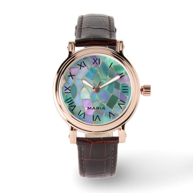 Pastellfarbene Glasmosaikmuster Armbanduhr (Vorderseite)