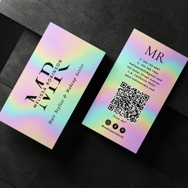 Pastellfarbene holografische Monogramm und QR-Code Visitenkarte (Von Creator hochgeladen)