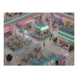 Pastellfarbene isometrische Mall-Plaza mit Neonläd Poster