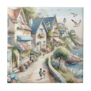 Pastellfarbene Küsten-Cottage-Dorf-Flucht Fliese
