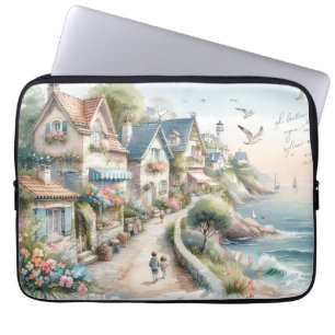 Pastellfarbene Küsten-Cottage-Dorf-Flucht Laptopschutzhülle