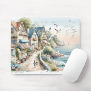 Pastellfarbene Küsten-Cottage-Dorf-Flucht Mousepad