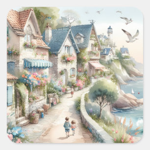 Pastellfarbene Küsten-Cottage-Dorf-Flucht Quadratischer Aufkleber