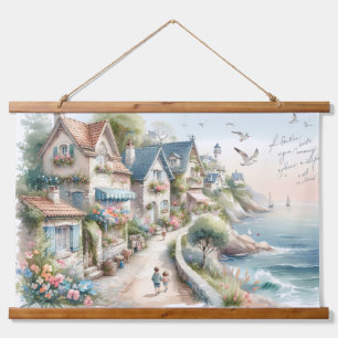 Pastellfarbene Küsten-Cottage-Dorf Flucht Wandteppich Mit Holzrahmen