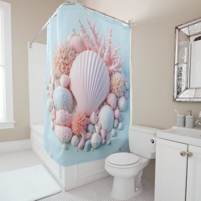 pastellfarbene Muscheln, Korallenbad und Schönheit Duschvorhang (Beispiel)