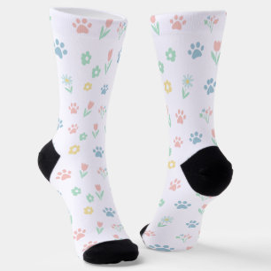 Pastellfarbene Pfotenabdruck- und Blumenmuster-Soc Socken