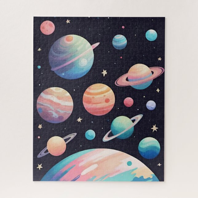Pastellfarbene Planeten im dunklen Raum Puzzle (Vertikal)