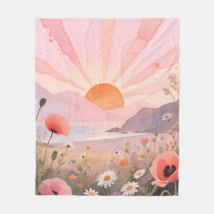 Pastellfarbene Sonnenuntergang-Wildblumenwiese Fleecedecke