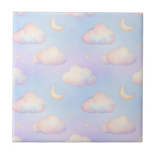 Pastellfarbene Träumerei-Wolken-Halbmond-Muster Fliese