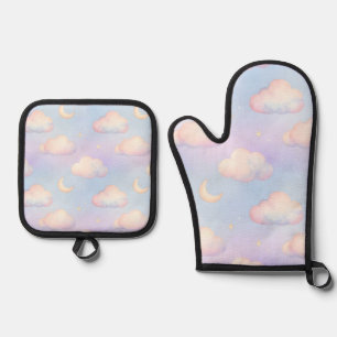 Pastellfarbene träumerische Wolken-Halbmond-Muster Ofenhandschuh & Topflappen-Set
