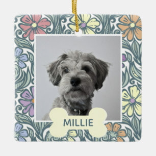 Pastellfarbene Vintage-Blumen Custom-Hundebild Keramikornament